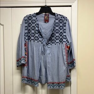Johnny Was Blue And White Embroidered Cardigan Size Large
